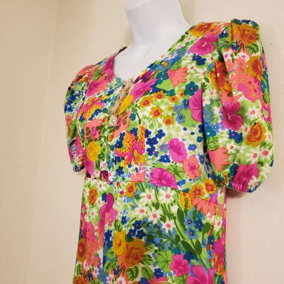 Vintage Maxi Dress Bright Floral Print V Neck Long Modest Cosplay Costume - Picture 3 of 5